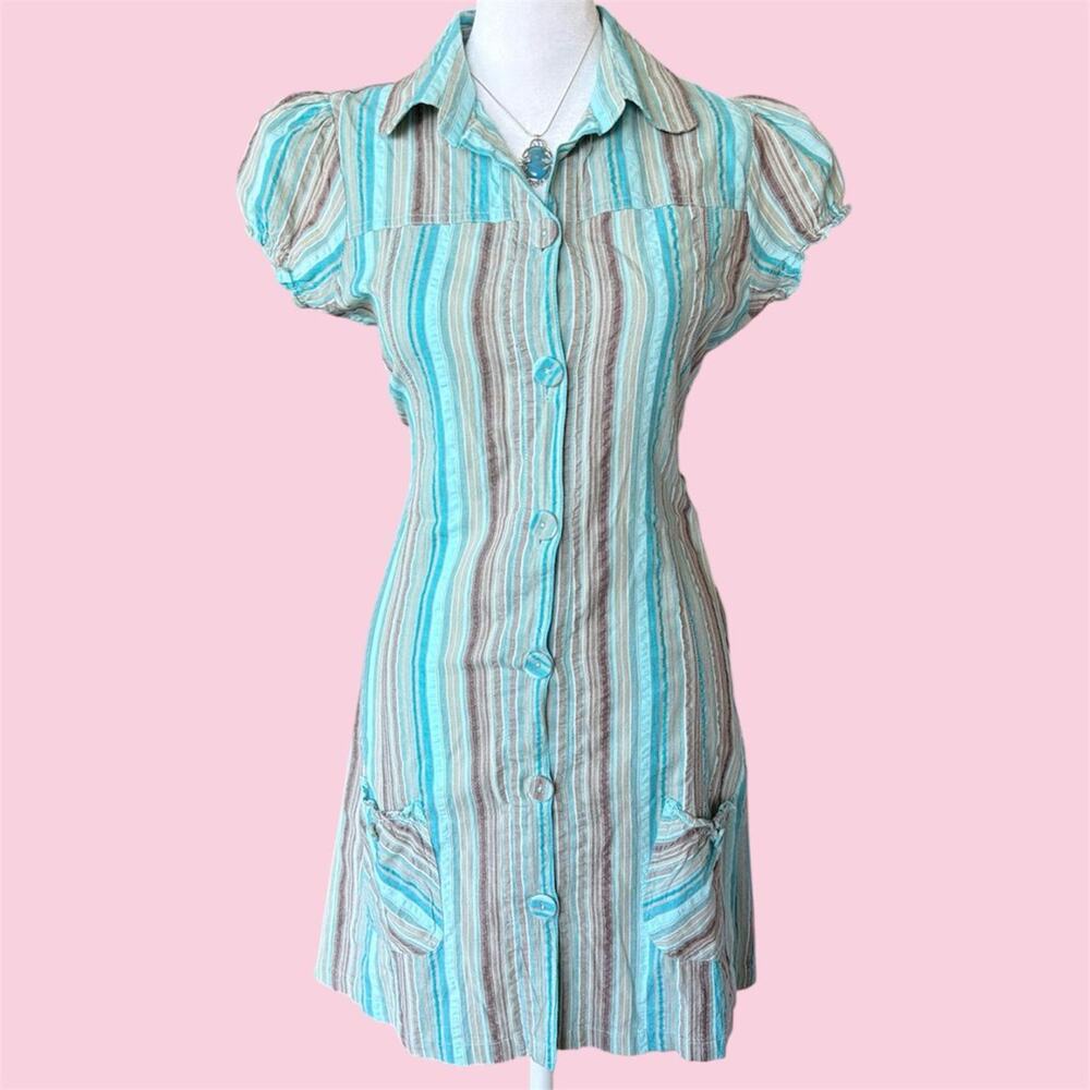 Y2K euro blue, brown vertical striped button up dress with puffy sleeves